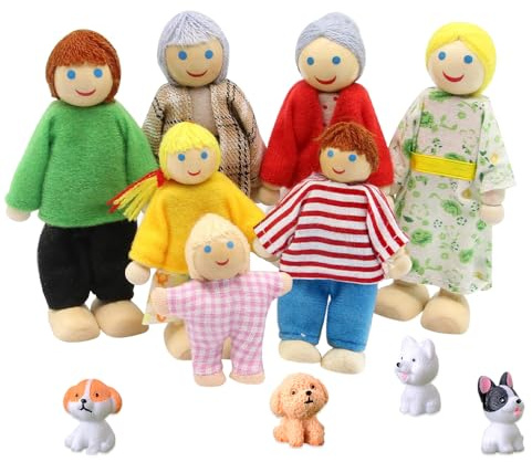 mizikuu Familia de Muñeca de Madera, 7 Piezas Conjunto de Personajes con 4 Perro para Casa de Muñecas Accesorios para Casa de Muñecasm Marionetas para Juegos De rol Regalo para Niños.