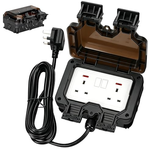 Pritok Double Outdoor Socket: 2 Gang Black Waterproof Electrical Outlet, Heavy Duty Extension 2 Gang Socket for Garden, für Outdoor Power Supply (3M Cable Length)