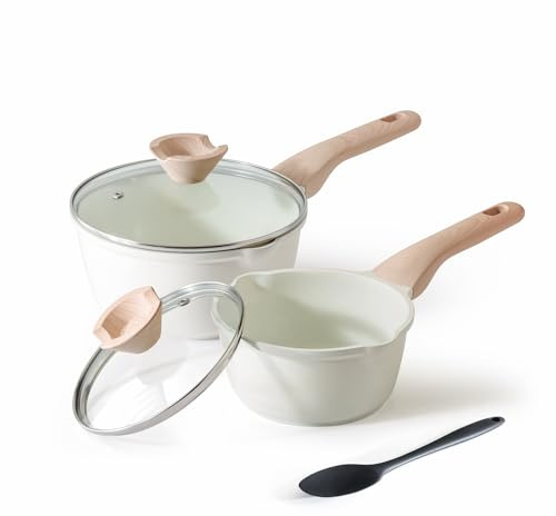 Kordisen Set de Casseroles avec Couvercles, 16 cm et 20 cm, Revêtement Céramique, Double Bec Verseur, Faciles à Nettoyer, Compatible avec l'Induction - Idéal pour Petites Cuisines (Crème)