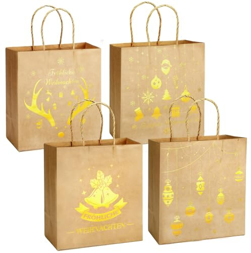 LIHAO 8× Geschenktüten Weihnachten Golde Weihnachtstüten Papiertüten mit Henkel Geschenktaschen Kraftpapier weihnachtliche Geschenkverpackung - Glocken- und Rentiergeweihmuster (B)