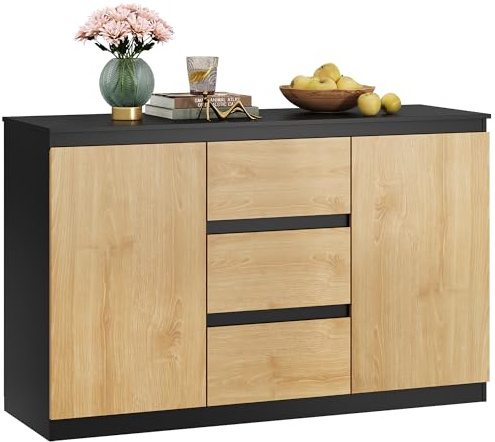 WLIVE Kommode mit 3 Schubladen 2 Tür, 120 x 75 x 40 cm, Schwarz + Eiche
