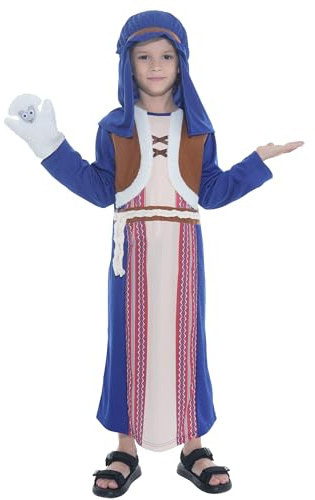 Uppriktig fest blå herdedräkt med valp för barn juldräkt Joseph Innkeeper maskeradklänning 8-10 år