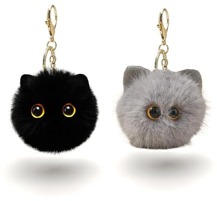 BellaBlend 2 Stück schwarze Katzen-Schlüsselanhänger, niedliche Plüschkatzen-Taschenanhänger mit Bommel, Autoschlüssel-Accessoires für Handtaschen, Rucksäcke und Geldbörsen