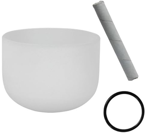 Klangskål i kristall, 8 tum, klangskål med not B i frostat kvartskristall för meditation, yoga, ljud och pinne