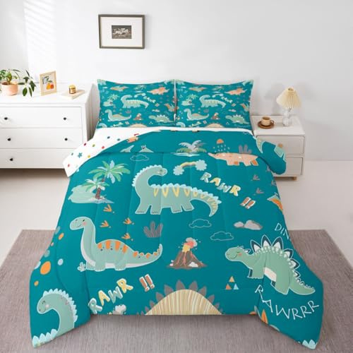 Loussiesd Barn dinosaurie sängkläder set tecknad dinosaurie täcke set enkel storlek för barn pojkar flickor söt djungel dinosaurie grön brun sovrumsdekor 2 st med 1 örngott