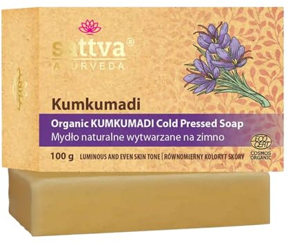 Sattva Ayurveda Kumkumadi Bio Seife – Kaltgerührte Ayurvedische Naturseife mit Safran & Kurkuma – Für Gesicht & Körper – ECOCERT COSMOS ORGANIC – 100 g