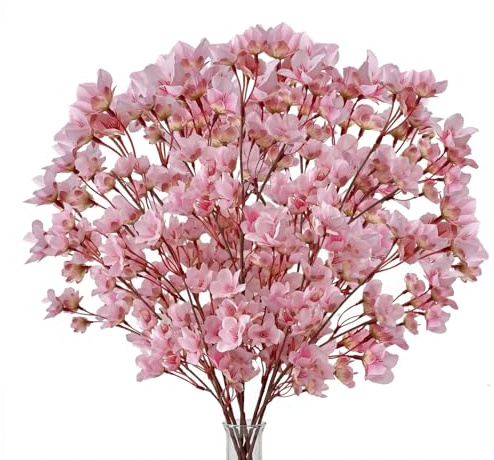 HIVTE 6 Piezas Flores de Cerezo Artificiales, 33cm Ramas de Flores de Seda Realistas para Decoración de Jarrones, Dormitorio y Bodas, Rosa