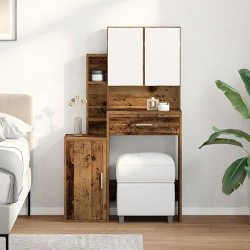 Drillkyn Tavolo da toeletta con scaffale, in legno anticato, 80 x 35 x 132 cm, moderno, con specchio e spazio per riporre oggetti, salvaspazio, stabile e durevole, per camera da letto