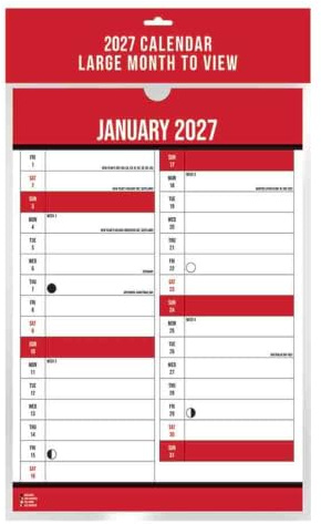 MAXPERKX 2027 Wall Calendar Month To View Red And Black 12 Month Hanging Planner With Strip Includes UK Holidays, Important Dates And Moon Phases Home Office Family Organiser
