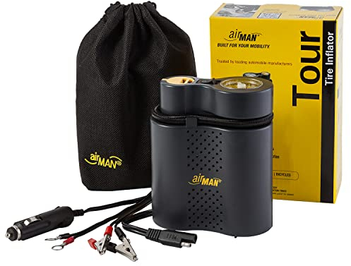 AirMan Tour Adventure Compact Air Compressor with SAE,Crocdile Clips,Terminal Rings and 12v Cigarette Socket Connectivity,Black