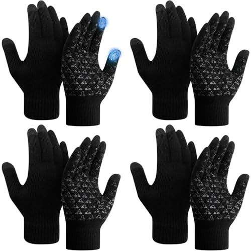 SATINIOR 4 Pairs Winter Gloves for Men Knit Warm Lining Cold Weather Gloves with Anti Slip Grips Touch Screen Texting Mittens(Black)