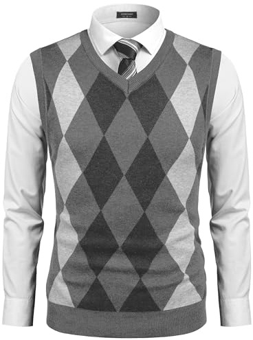 COOFANDY Men's Casual Slim Fit V-Neck Rhombus Knitwear Sleeveless Pullover Sweater Vest Grey