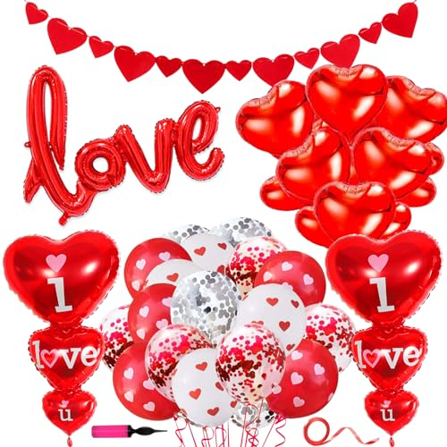 Fangoo Valentinstag Luftballons Dekoration Set,Groß Rote Liebe Herz Luftballons Herz Latex Luftballons Rote Herzen Banner Für Valentinstag Hochzeitstag Braut Engagement Romantische Dekoration