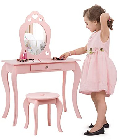 GIANTEX Sminkbord för barn med pall, sminkbord, sminkbord med lådor, avtagbar spegel, toalettbord för flickor, toalettbord, trä (rosa)