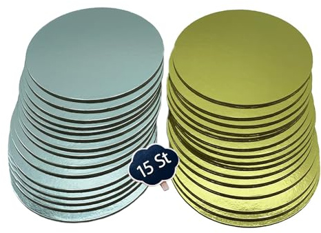 KitchENDREAM Kakbrädeset, tårtunderlägg, guld och silver, 3 mm tjockt kartong, för servering, transport och stapling av tårtor och kakor, livsmedelssäker beläggning, 15 stycken x 20 cm