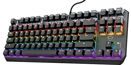 Trust Gaming GXT 834 Callaz TKL Mechanische Tastatur, Deutsches QWERTZ Layout, Outemu-Schalter, Mehrfarbige LED-Beleuchtung, 12 Media-Tasten, USB Gaming Tastatur 80% für PC, Laptop, Mac Schwarz