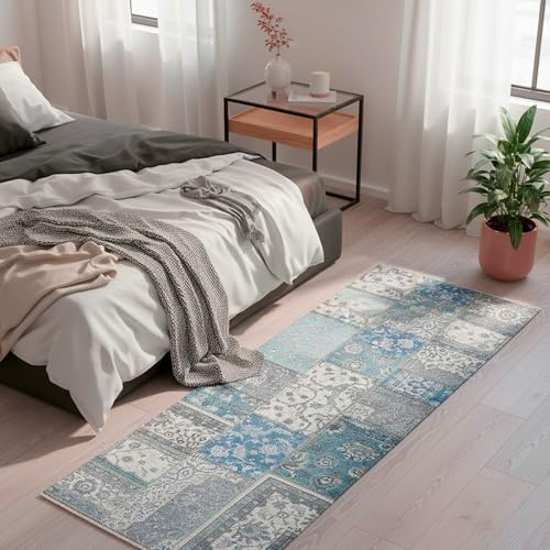 Kelim Patchwork Teppich Blau 80 X 145 cm - Maschinenwaschbar - Moderner Kurzflor Wohnzimmer Teppich - Super Soft