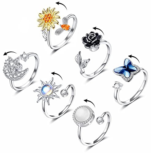 KOHOTA Fidgetringar för kvinnor flickor spinner ring för ångest justerbar CZ solros fjäril ros stjärna måne stressavlastning öppna ringar set, metall, kubisk zirkonia, Metall, Kubisk zirkonia