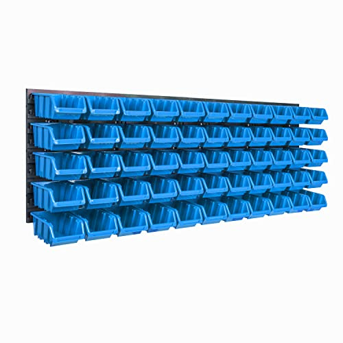 Lagersystem, vägghylla 1152 x 390 mm | 55 st. Box | stapelbara lådor, sorteringshyllor, visningslådor | extra starka väggplattor | utbyggbar hylla | verkstadshylla, förvaringshylla, verkstadshylla, vägghylla, plug-in hylla