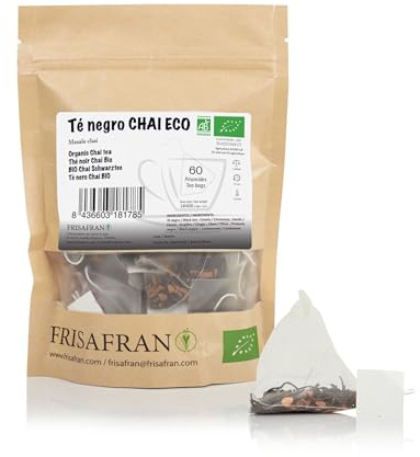 FRISAFRAN | Thé Noir Chai Bio en Pyramide 60 Unités | 120g | Sachets | Antioxydant et Énergisant Naturel | Décaféiné | Détox | Sans Additifs | Aux Épices | Mélange Instantané