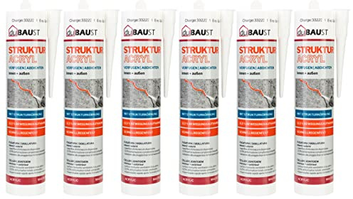 Dubaust PAC24 - Sellador acrílico para limpieza (6 unidades, 12,5 % de absorción de movimiento, estructura granular, para yeso, grietas, masilla, interior y exterior, 310 ml), color blanco
