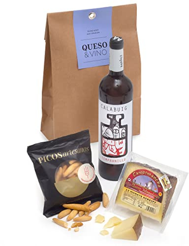 Geschenktüte QUESO y VINO, Rotwein, Manchego Käse und Cracker | Tempranillo Rotwein D.O. Valencia, gereifter Manchego und Tapas-Gebäck, geschenkfertig verpackt, Geschenk für Genießer