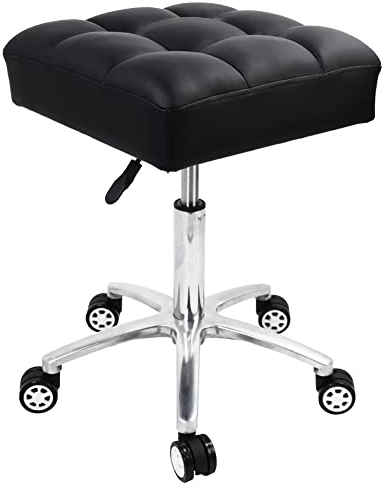 WKWKER Deluxe Square Höhenverstellbarer Rollhocker Hochelastischer Super Soft Foam Sitz mit Aluminiumlegierung Basis für Office Tattoo Spa Gesichtsmassage Hocker (Schwarz)