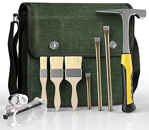 TZDTMEOS 10PCS Geology Rock Pick Hammer Kit, Geology Hammer Tools,32oz Hammer & 3 PCS Digging Chisels Set for Rock Hounding, with Musette Bag, jewelers loupe,Safety Goggles,3Brushes.