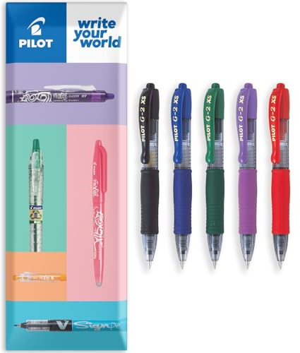PILOT G2-XS7 Pixie Mini-Tintenroller, 0,7 mm Spitze, 0,4 mm Strichbreite, 5 Stück, in Umschlag-Geschenkverpackung, Schwarz, Blau, Violett, Rot und Grün