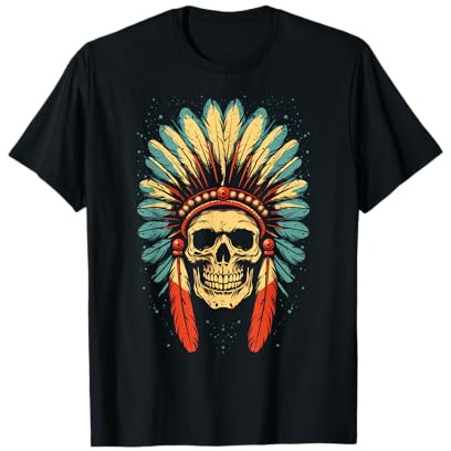 Totenkopf Indianer Kopfschmuck Skull Chief Indianer Schädel Motorrad T-Shirt