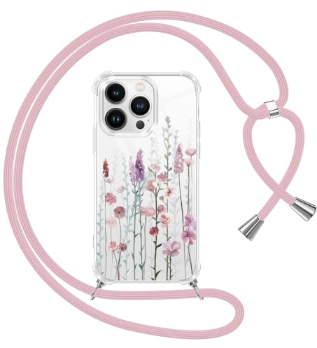 Yoedge Handyband Handyhülle für Apple iPhone 13 Pro 6,1 Hülle mit Band, Weiche Silikon TPU + PC Stoßfest Schutzhülle mit Kordel zum Umhängen, Durchsichtig Case mit Aesthetic Muster, Blumen 3