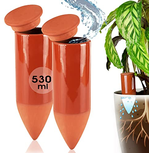 LIVONDO Terracotta Gießhilfe (2X 530 ml) handgefertigt für Bewässerung Zimmerpflanzen | Wasserstandsanzeiger Pflanzen | Watering can | Gießkanne Zimmerpflanzen