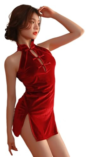 SINGUYUN Kvinnor sexig anime cosplay underkläder kinesisk cheongsam klänning hög split bodycon nattlinne Qipao babydoll outfit, 1633röd, one size