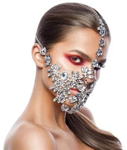 Rvlaugoaa Kristall Quaste Maskerade Maske Schleier Gesicht Kette Bauchtanz Schmuck Stirnband Kopf Kette für Bar Party Ball (Silber)