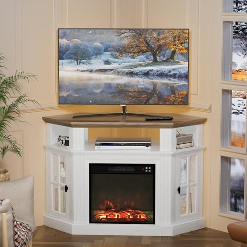 Furmax - Soporte de TV de Esquina para Chimenea de hasta 55 Pulgadas, Moderna Consola de TV con Chimenea eléctrica de 18 Pulgadas, Centro de Entretenimiento con Estante Abierto y gabinetes de