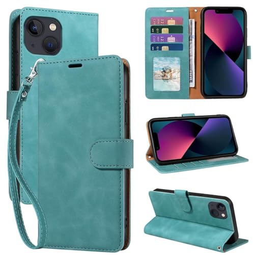 GOTOURED Étui de protection à rabat en cuir souple pour iPhone 13, blocage RFID, 4 emplacements pour cartes, dragonne, béquille, fermeture magnétique, résistant aux chocs (vert)