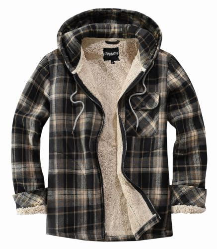 Elesuit Men's Full Zip Fleece Flannel Jackets Shirt Plaid Cotton Hoodies Soft Warm Jacket for Men with Hood