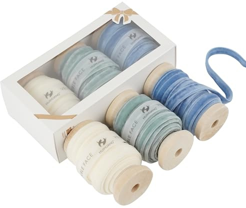 HUIHUANG Blue Velvet Ribbon 3/8 inch Double Face Dusty Blue/Ivory/Smoke Blue Velvet Ribbon Set for Gift Wrapping, Christmas Tree Ornaments, Wreath Decor, Invitations, Wedding Decor- 15 Yards/Set