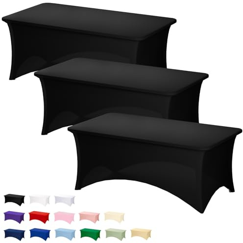 Fixwal 3 Pack Black Table Cloth for 6FT Rectangle Tables, Rectangular Tablecloths Stretch Spandex Fitted Table Covers 6FT for Party, Trade Show, Banquet, Wedding, Buffet, Graduation Decoration