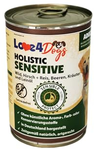 Love4Dog´s Nassfutter für Sensible Hunde | 6x400g | Holistic Wild, Hirsch und Reis mit Beeren, Kräuter und Leinöl | Hundenassfutter | ohne Zusatzstoffe