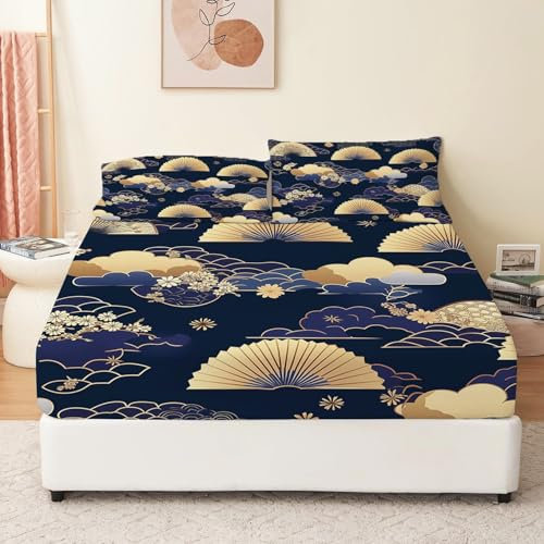 Fitted Sheet Set Japanese Pattern Fan Honeycomb Microfiber Deep Fitted Bed Sheet for Single Blue Boys Girls Microfiber Room Decoration