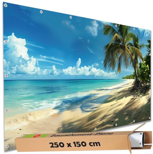 TRIOSK Sichtschutz Garten Deko Zaun Plane Blickdicht groß mit Zaunblende Motiv Karibikstrand Meer Palmen Strand für Balkon Terrasse Zaunelement Doppelstabmatten Gartenzaun PVC 250x150 cm