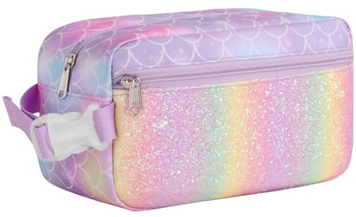 Bagseri Kids Snack Bag Girls - Small Reusable Mini Cooler Pouch, Insulated 3.9L Food Carrier with Buckle Handle for School and Daycare, Fits in Backpack, Glitter Mermaid Scale