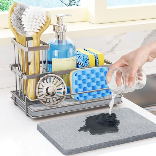 HapiRm Kitchen Sink Caddy - Sponge Holder with Instant Drying Stone | Self Draining Sink Caddy, Rustproof 304 Sink Organiser, Instant Dry Sponge Holder for Kitchen Sink, Sink Tidy for Countertop