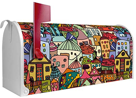 banjado Amerikanischer Briefkasten - US Mailbox/Letterbox mit Motiv Motiv Funky Town 51x22x17cm - Postkasten Stahl aus Amerika – Briefkasten amerikanisch weiß pulverbeschichtet