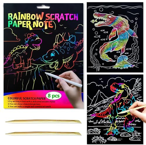 Kratzbilder für Kinder, 8 Blätter Regenbogen Kratzpapier, 1 Holzstifte, Kratzbilder Set für Kinder, Kratzbild Set zum Zeichnen und Basteln für Jungen Mädchen DIY (Dinosaurier)