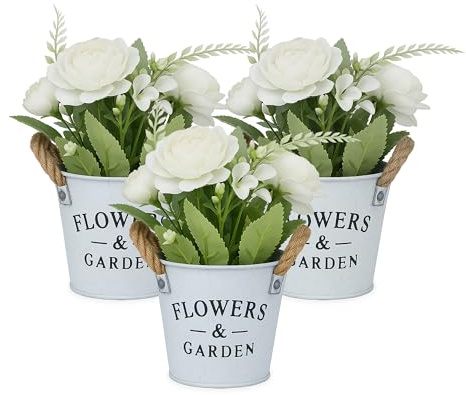 Relaxdays 3 Ramos de Flores Artificiales en Maceta, Plantas Plástico, Dalias, Rosas Decorativas, 21 x 18 cm, Blanco