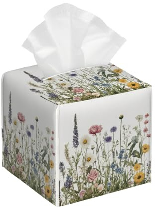Mexpekil Square Tissue Box Cover, Waterproof Lightweight Leather Tissue Box Holders Cube, Vintage Wildflowers Square Tissues Holder for Bathroom Bedroom Kitchen