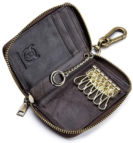 Men's Zipper Key Organizer Rfid Wallet with 6 Hooks Leather Key Holder Case (Dark brown)