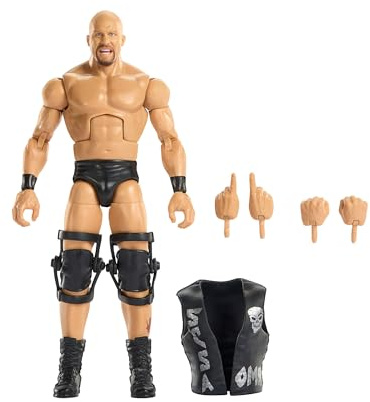 Mattel WWE Elite Actionfigur und Zubehörteile, Greatest Hits 2025, ca. 15 cm große Sammelfigur Stone Cold Steve Austin mit 25 Bewegungspunkten und austauschbaren Händen, JHT58 | Greatest Hits 2025 Set 25 Gelenkpunkte austauschbare Hände inklusive Zubehör